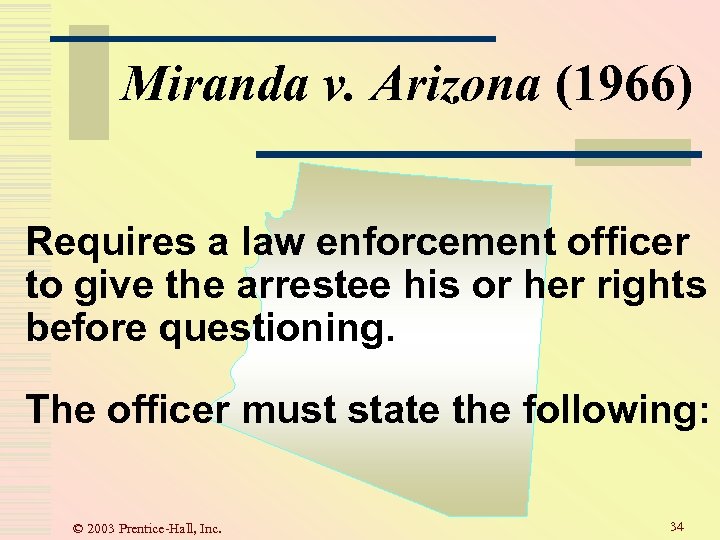 Miranda v. Arizona (1966) Requires a law enforcement officer to give the arrestee his