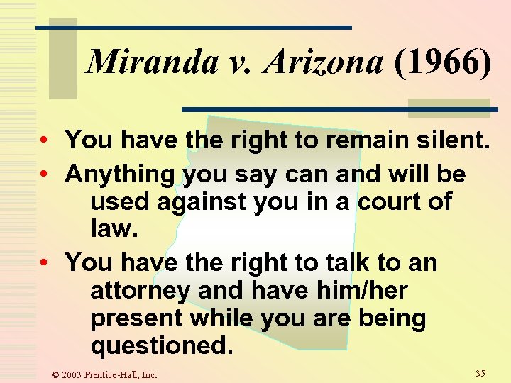 Miranda v. Arizona (1966) • You have the right to remain silent. • Anything