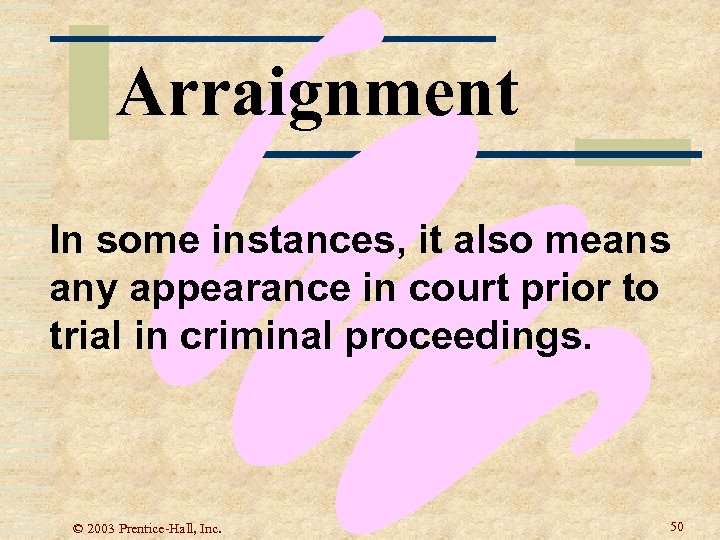 Arraignment In some instances, it also means any appearance in court prior to trial