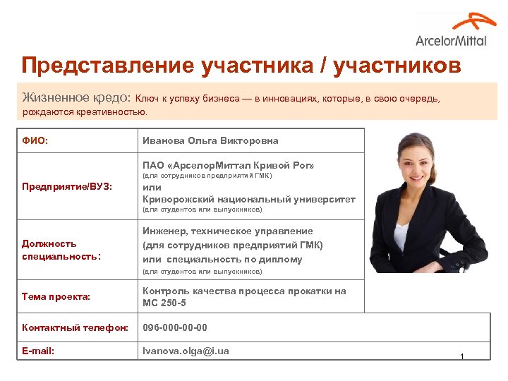 Представление участника / участников Жизненное кредо: Ключ к успеху бизнеса — в инновациях, которые,