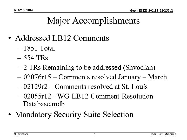 March 2002 doc. : IEEE 802. 15 -02/155 r 1 Major Accomplishments • Addressed