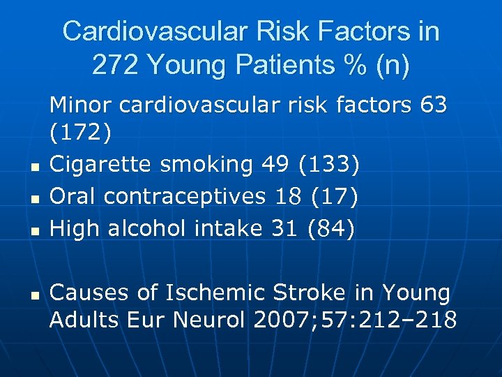 Cardiovascular Risk Factors in 272 Young Patients % (n) n n Minor cardiovascular risk