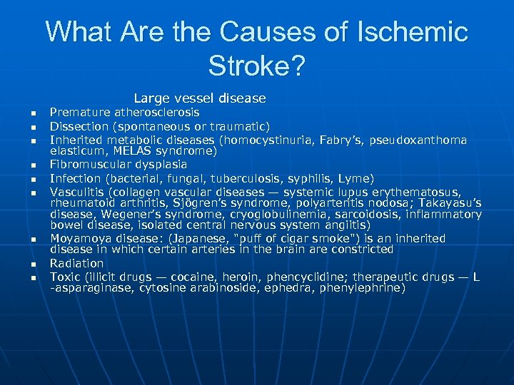 What Are the Causes of Ischemic Stroke? Large vessel disease n n n n
