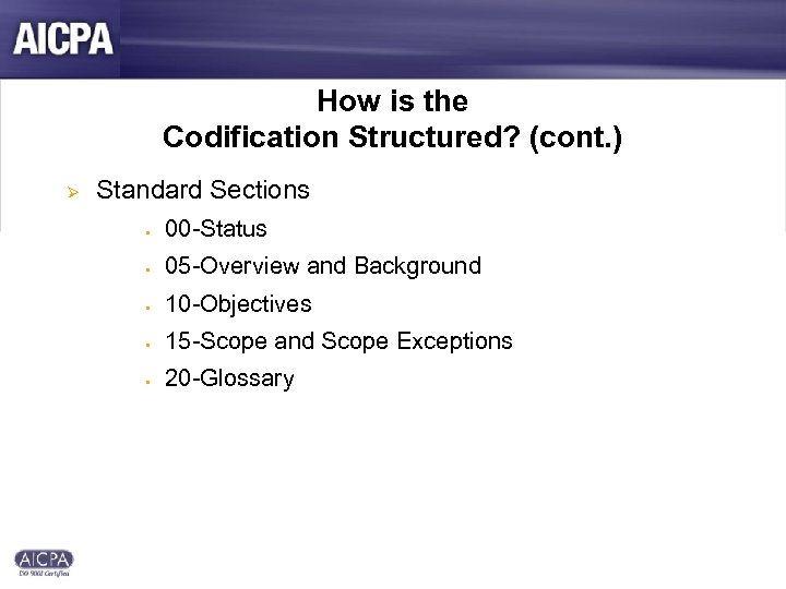 How is the Codification Structured? (cont. ) Ø Standard Sections § 00 -Status §