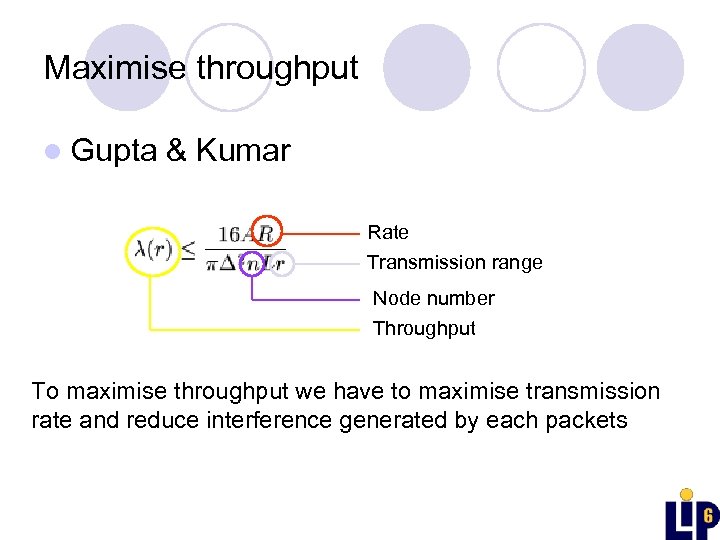 Maximise throughput l Gupta & Kumar Rate Transmission range Node number Throughput To maximise