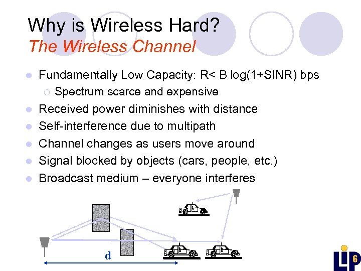 Why is Wireless Hard? The Wireless Channel l l l Fundamentally Low Capacity: R<