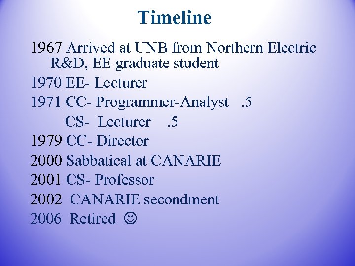 Timeline 1967 Arrived at UNB from Northern Electric R&D, EE graduate student 1970 EE-