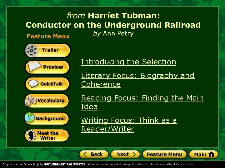 from Harriet Tubman: Conductor on the Underground Railroad Feature Menu by Ann Petry Introducing