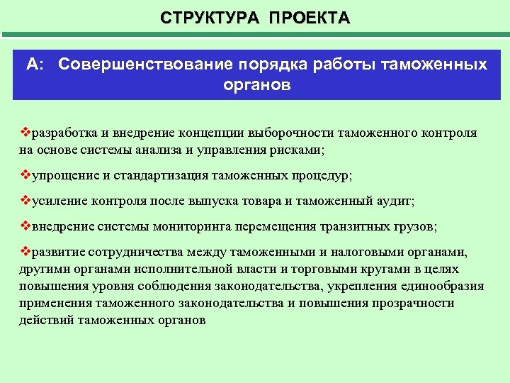 СТРУКТУРА ПРОЕКТА А: Совершенствование порядка работы таможенных органов vразработка и внедрение концепции выборочности таможенного