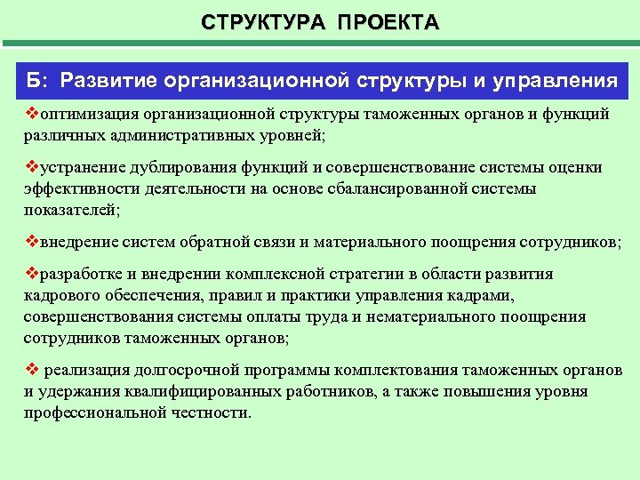 СТРУКТУРА ПРОЕКТА Б: Развитие организационной структуры и управления vоптимизация организационной структуры таможенных органов и