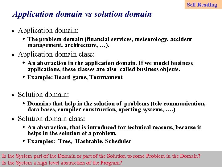 Self Reading Application domain vs solution domain ¨ Application domain: w The problem domain