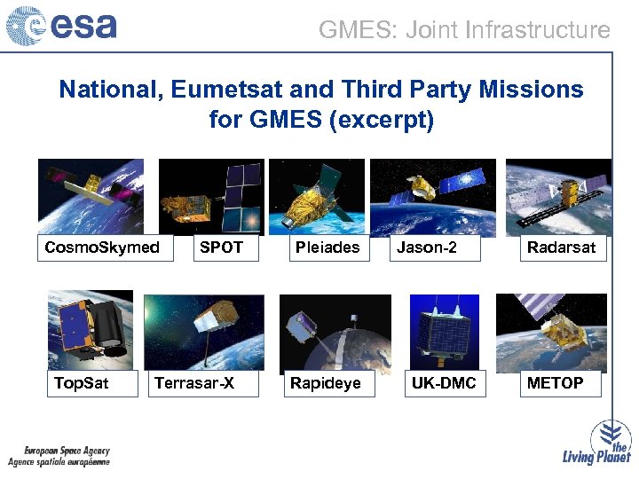 GMES: Joint Infrastructure National, Eumetsat and Third Party Missions for GMES (excerpt) Cosmo. Skymed