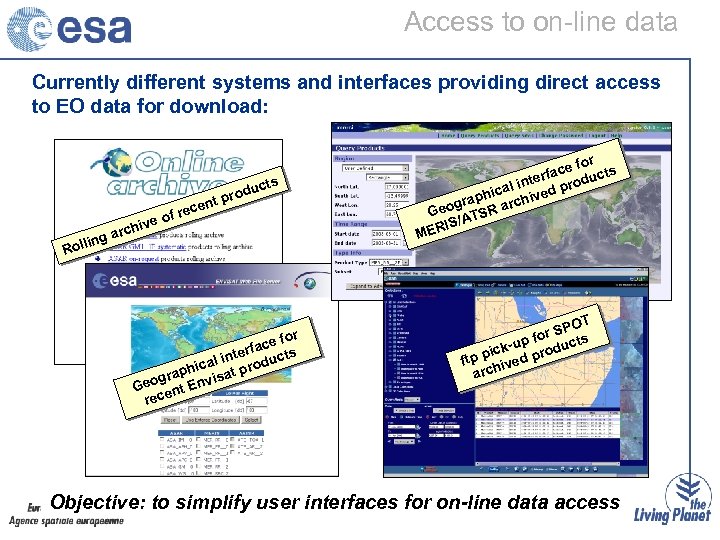 Access to on-line data Currently different systems and interfaces providing direct access to EO