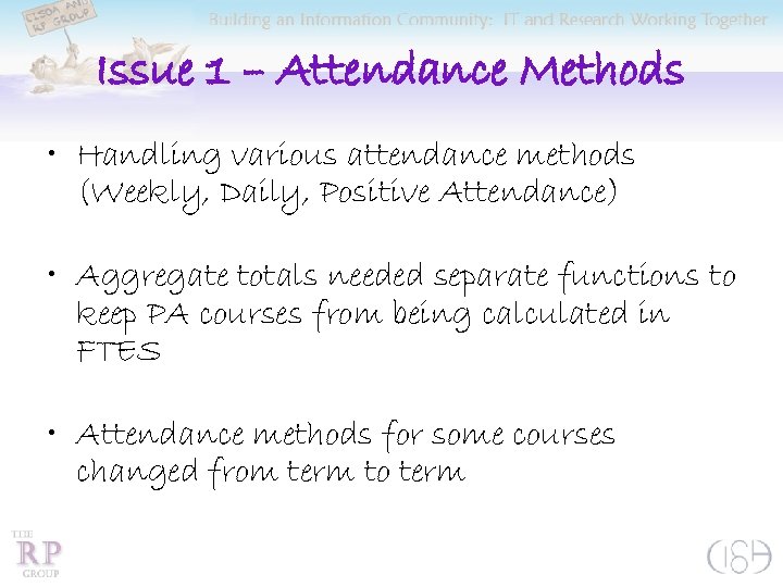 Issue 1 – Attendance Methods • Handling various attendance methods (Weekly, Daily, Positive Attendance)