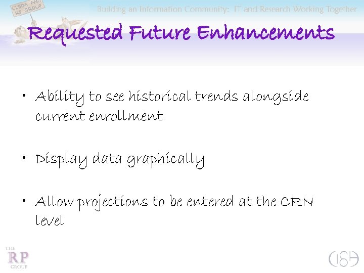 Requested Future Enhancements • Ability to see historical trends alongside current enrollment • Display