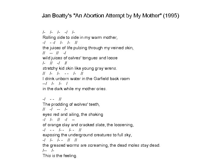 Jan Beatty's "An Abortion Attempt by My Mother" (1995) /- /- /- -/ /Rolling