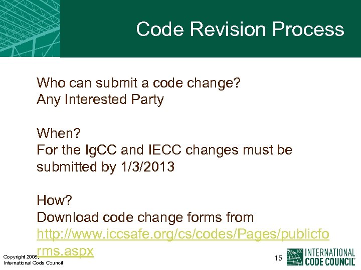 Code Revision Process Who can submit a code change? Any Interested Party When? For