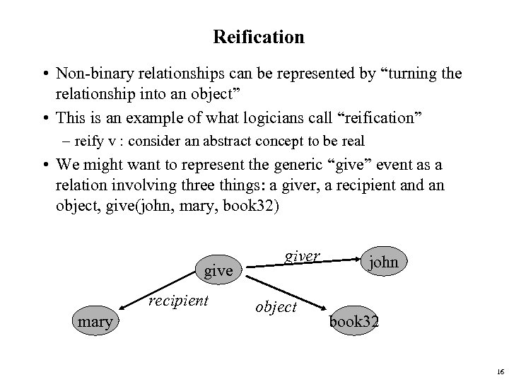 Reification • Non-binary relationships can be represented by “turning the relationship into an object”