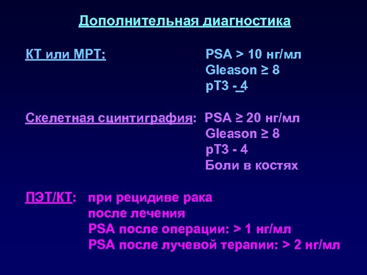 Дополнительная диагностика КТ или MРT: PSA > 10 нг/мл Gleason ≥ 8 p. T