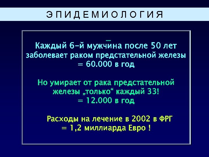 ЭПИДЕМИОЛОГИЯ Каждый 6 -й мужчина после 50 лет заболевает раком предстательной железы = 60.
