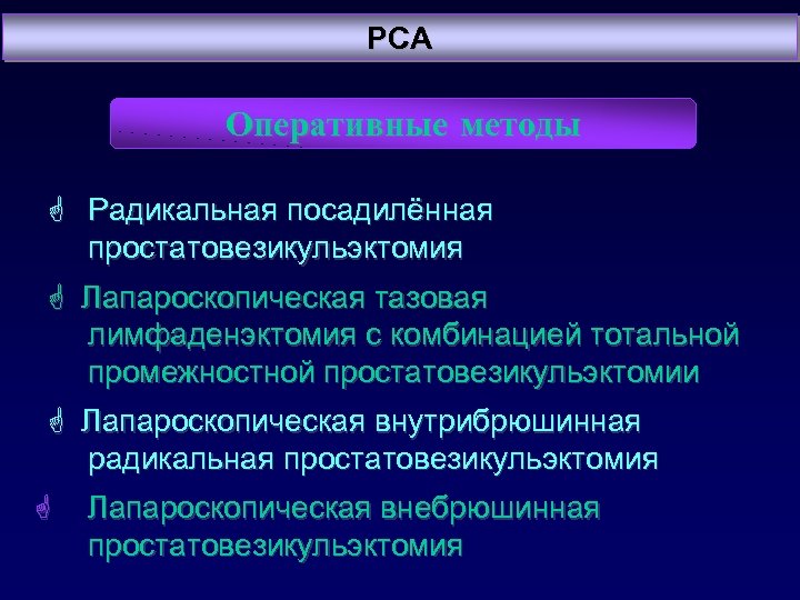 PCA Оперативные методы Радикальная посадилённая простатовезикульэктомия Лапароскопическая тазовая лимфаденэктомия с комбинацией тотальной промежностной простатовезикульэктомии