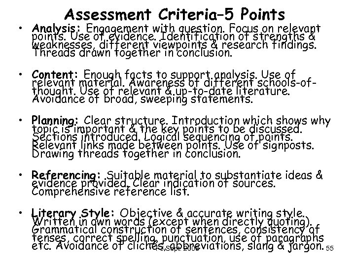 Assessment Criteria– 5 Points • Analysis: Engagement with question. Focus on relevant points. Use