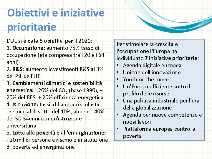 Obiettivi e iniziative prioritarie L’UE si è data 5 obiettivi per il 2020: 1.