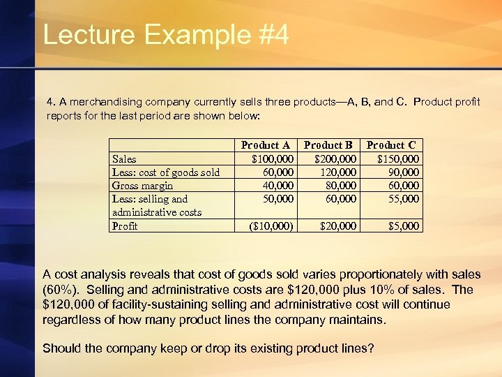 Lecture Example #4 4. A merchandising company currently sells three products—A, B, and C.