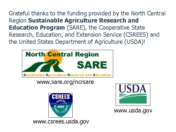 Grateful thanks to the funding provided by the North Central Region Sustainable Agriculture Research