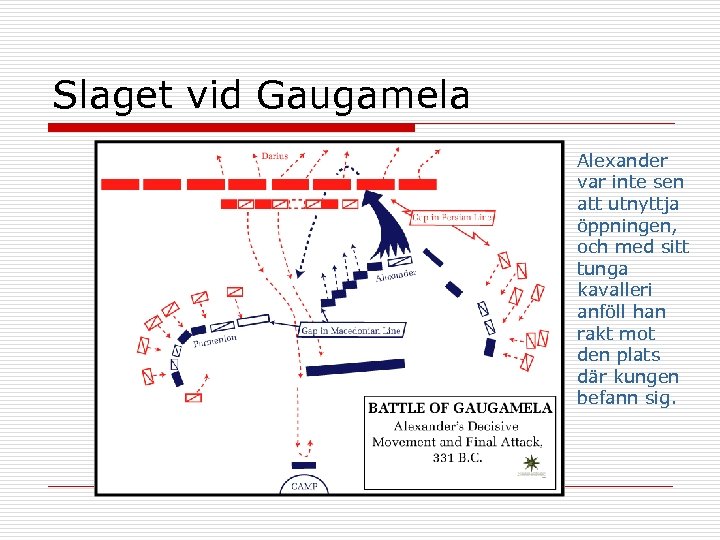 Slaget vid Gaugamela Alexander var inte sen att utnyttja öppningen, och med sitt tunga