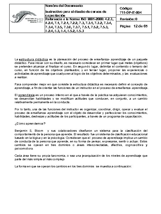 Nombre del Documento: Instructivo para el diseño de cursos de capacitación Referencia a la