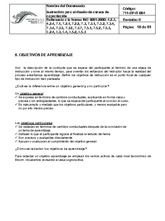 Nombre del Documento: Instructivo para el diseño de cursos de capacitación Referencia a la
