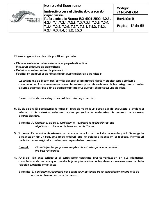 Nombre del Documento: Instructivo para el diseño de cursos de capacitación Referencia a la