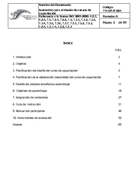 Nombre del Documento: Instructivo para el diseño de cursos de capacitación Referencia a la