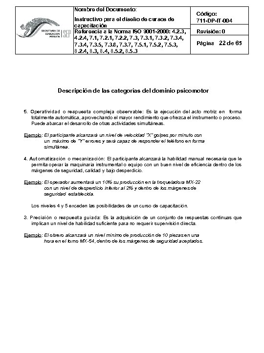 Nombre del Documento: Instructivo para el diseño de cursos de capacitación Referencia a la