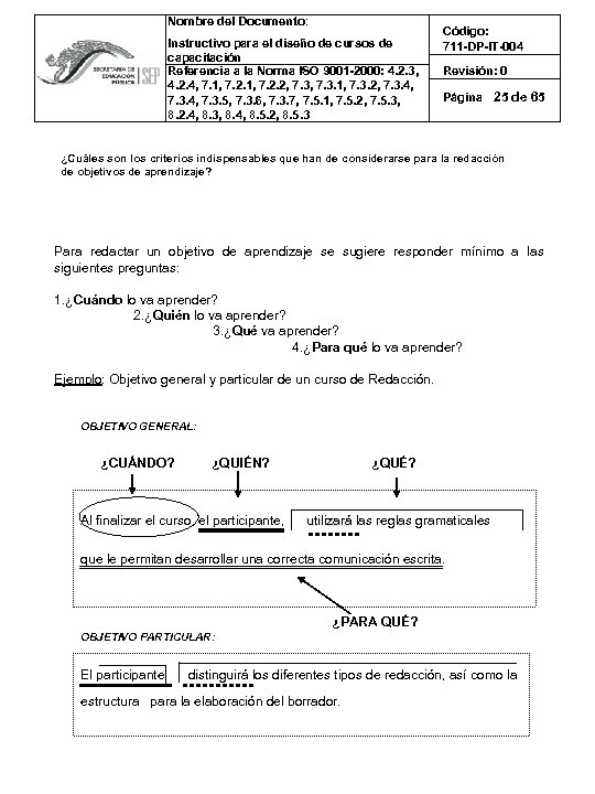 Nombre del Documento: Instructivo para el diseño de cursos de capacitación Referencia a la