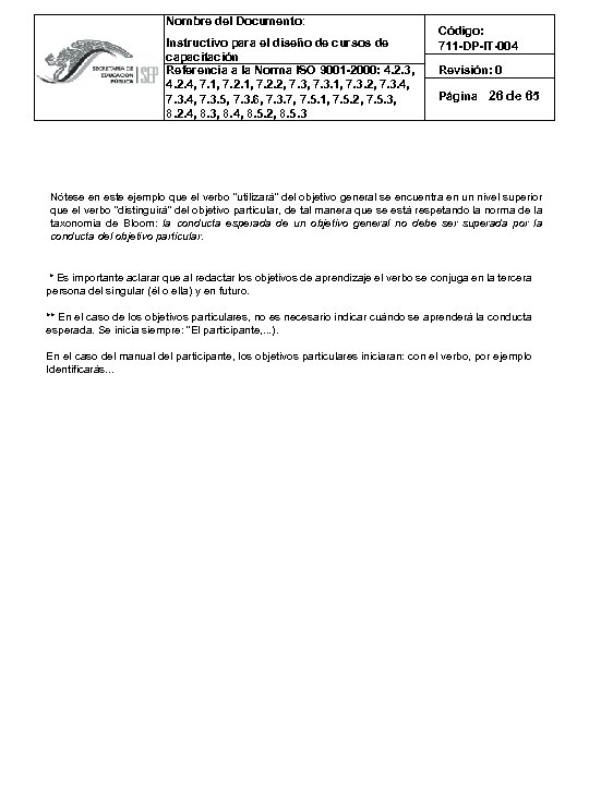 Nombre del Documento: Instructivo para el diseño de cursos de capacitación Referencia a la