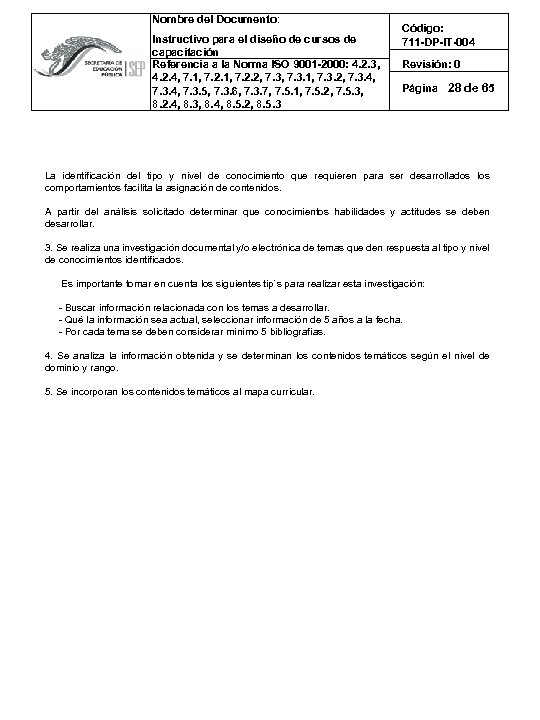 Nombre del Documento: Instructivo para el diseño de cursos de capacitación Referencia a la