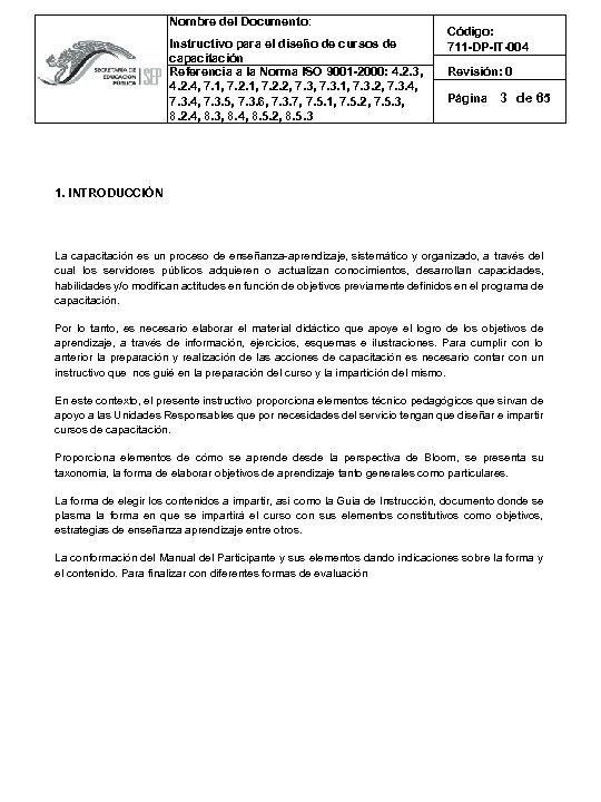 Nombre del Documento: Instructivo para el diseño de cursos de capacitación Referencia a la