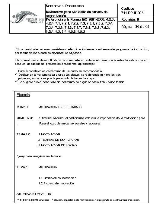 Nombre del Documento: Instructivo para el diseño de cursos de capacitación Referencia a la