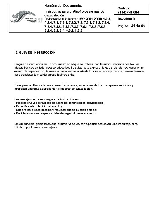Nombre del Documento: Instructivo para el diseño de cursos de capacitación Referencia a la