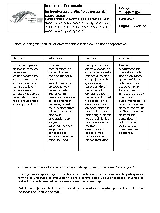 Nombre del Documento: Instructivo para el diseño de cursos de capacitación Referencia a la