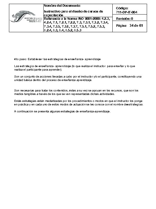 Nombre del Documento: Instructivo para el diseño de cursos de capacitación Referencia a la