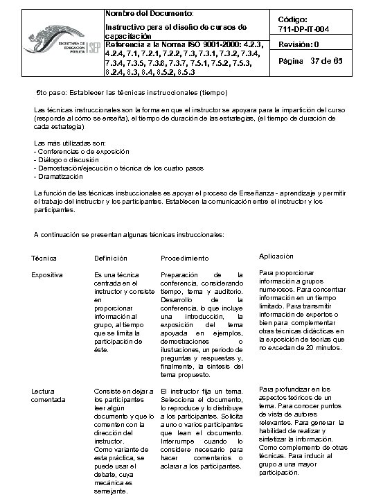 Nombre del Documento: Instructivo para el diseño de cursos de capacitación Referencia a la