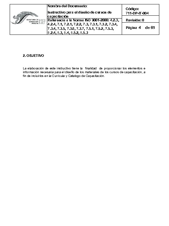 Nombre del Documento: Instructivo para el diseño de cursos de capacitación Referencia a la