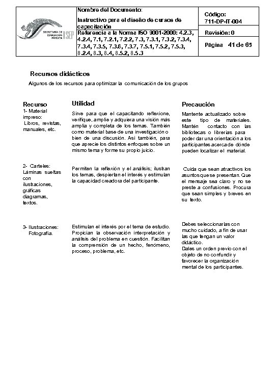 Nombre del Documento: Instructivo para el diseño de cursos de capacitación Referencia a la