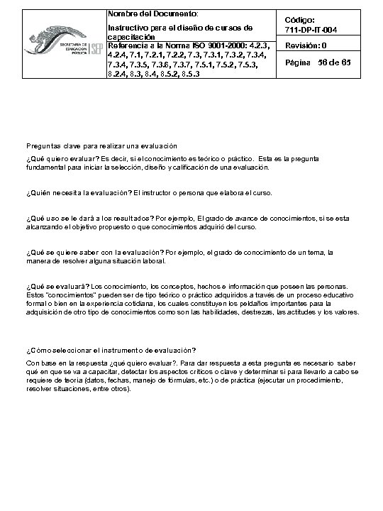 Nombre del Documento: Instructivo para el diseño de cursos de capacitación Referencia a la