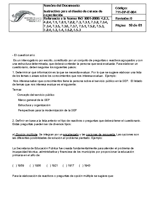 Nombre del Documento: Instructivo para el diseño de cursos de capacitación Referencia a la