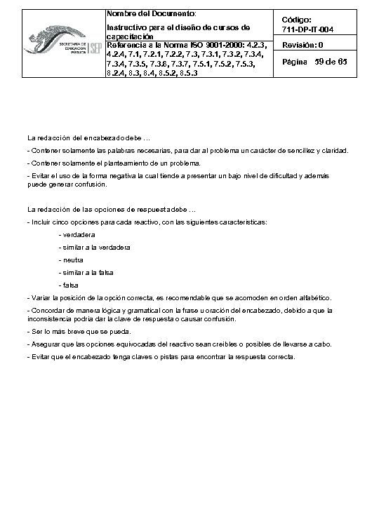 Nombre del Documento: Instructivo para el diseño de cursos de capacitación Referencia a la