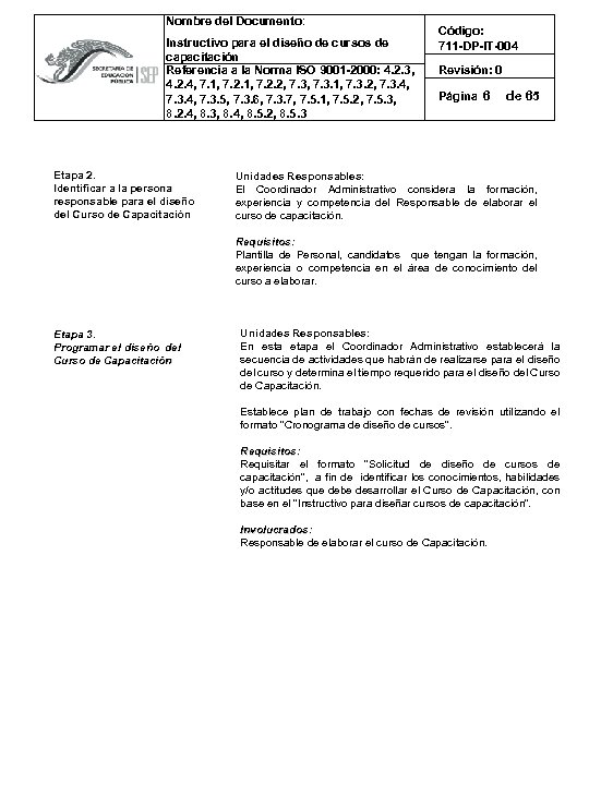 Nombre del Documento: Instructivo para el diseño de cursos de capacitación Referencia a la
